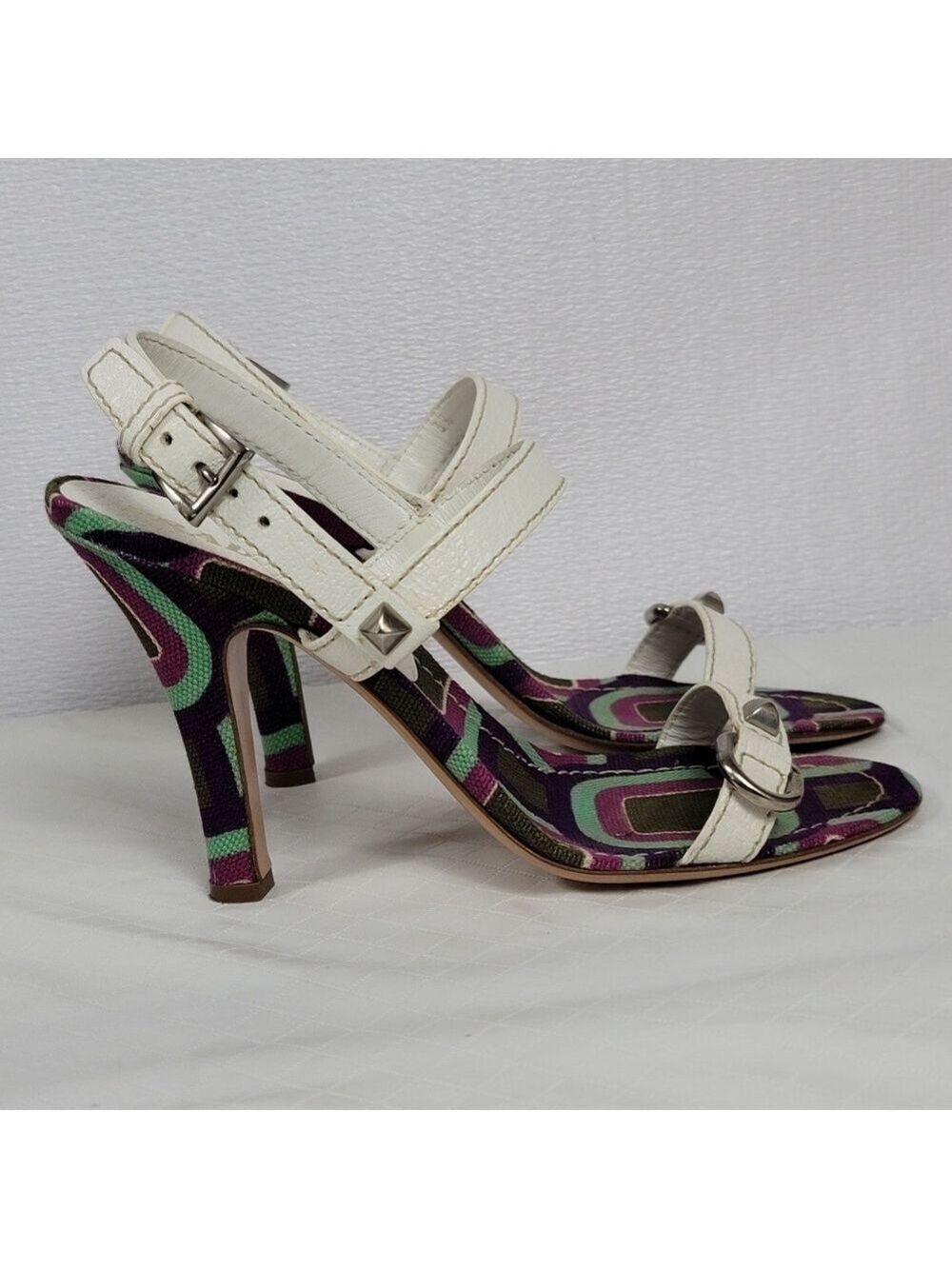 Prada Calzature Donna White Leather Cinghiale Viola Slingback Heel Sandals Sz 39